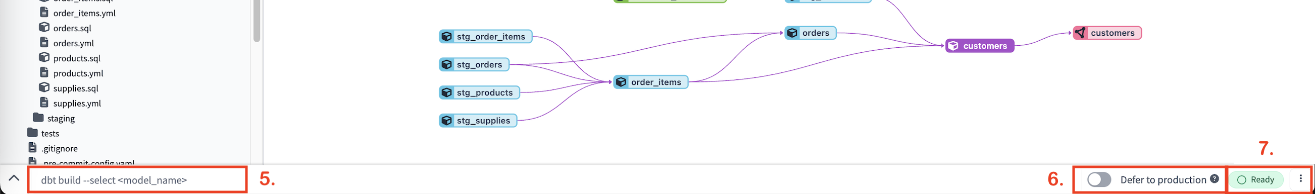 Use the Command bar to write dbt commands, toggle 'Defer', and view the current IDE status